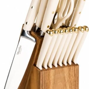 Martha Stewart 16-Piece High-Carbon Knife Block - Acacia Linen-Gold