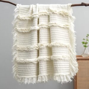 Soft Quilted Throw, Ruffle Fringed Cream Boho 50x60