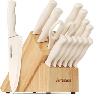 Astercook 15-Piece Knife Set, Steel, Dishwasher Safe, White