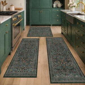 Black Green Kitchen Rug Set of 3 Washable