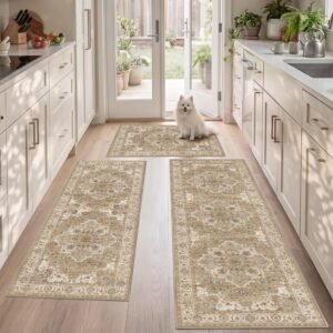 3-piece washable non-slip kitchen rugs boho stain-resistant beige